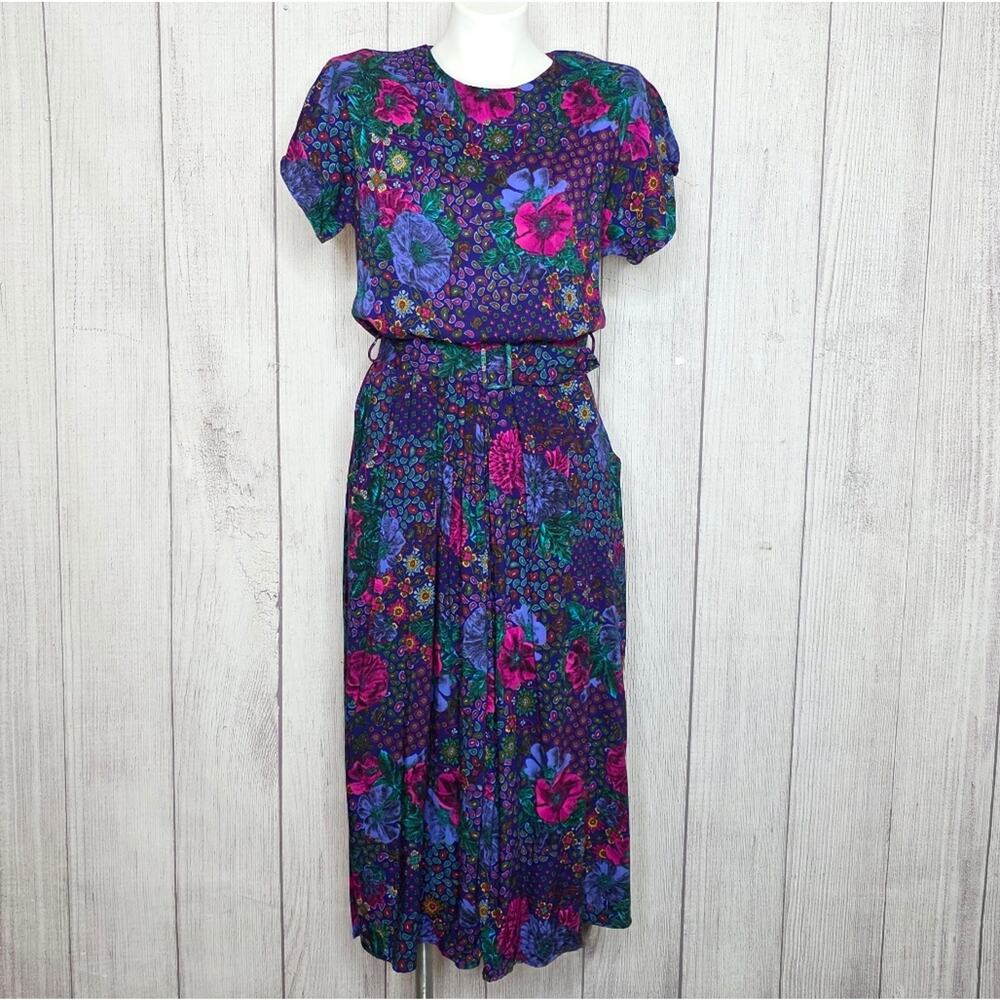 VTG 90s Ms. Choice Floral Midi Dress | Bold Jewel Tone Button Back Cottagecore G